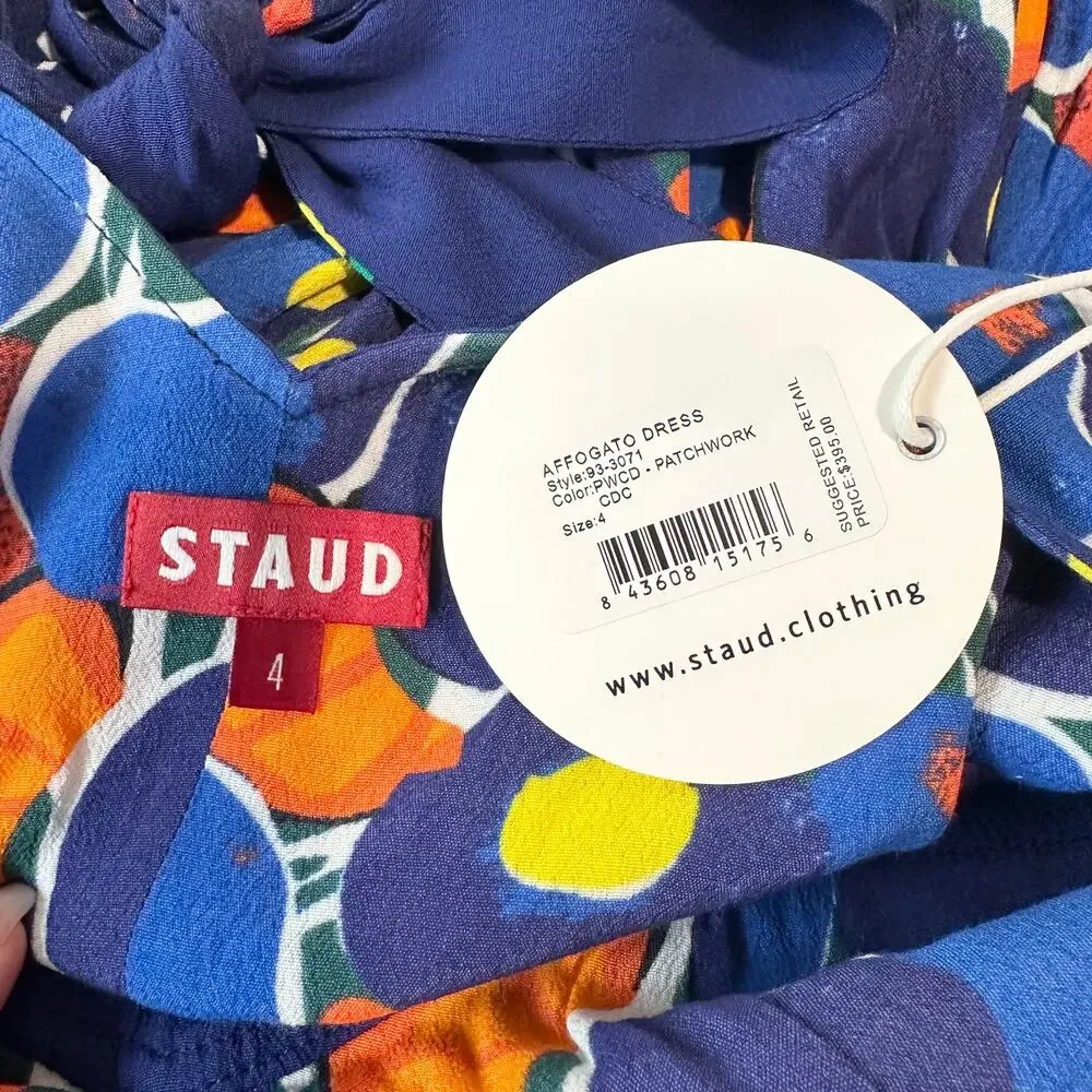 STAUD Affogato Maxi Dress V-Neck Balloon Sleeve Fruit Print Belted, Blue NWT - Picture 15 of 16